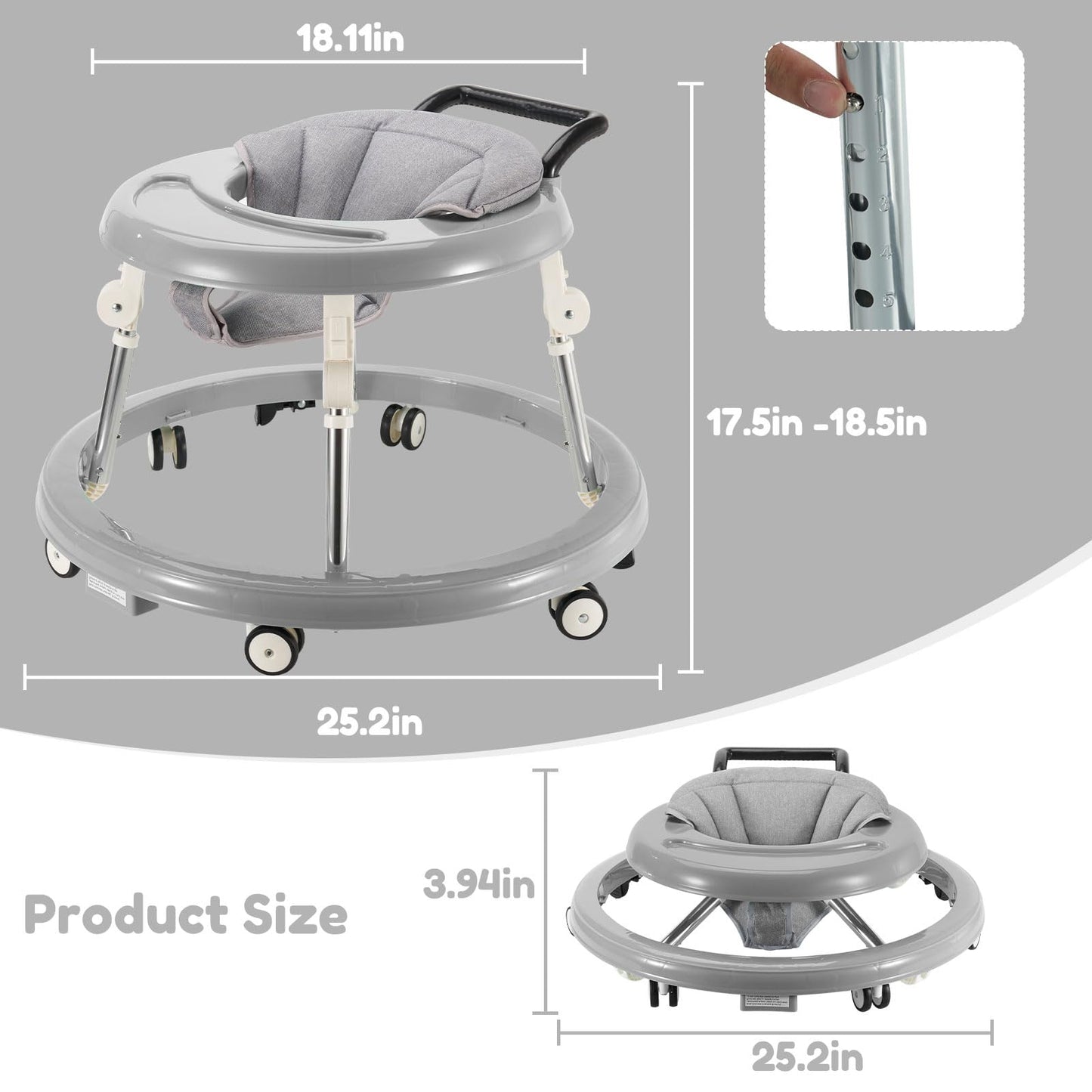 Fugualin grey baby walker with wheels, activity center, mute wheels, anti-rollover design, adjustable height, foldable for infants.