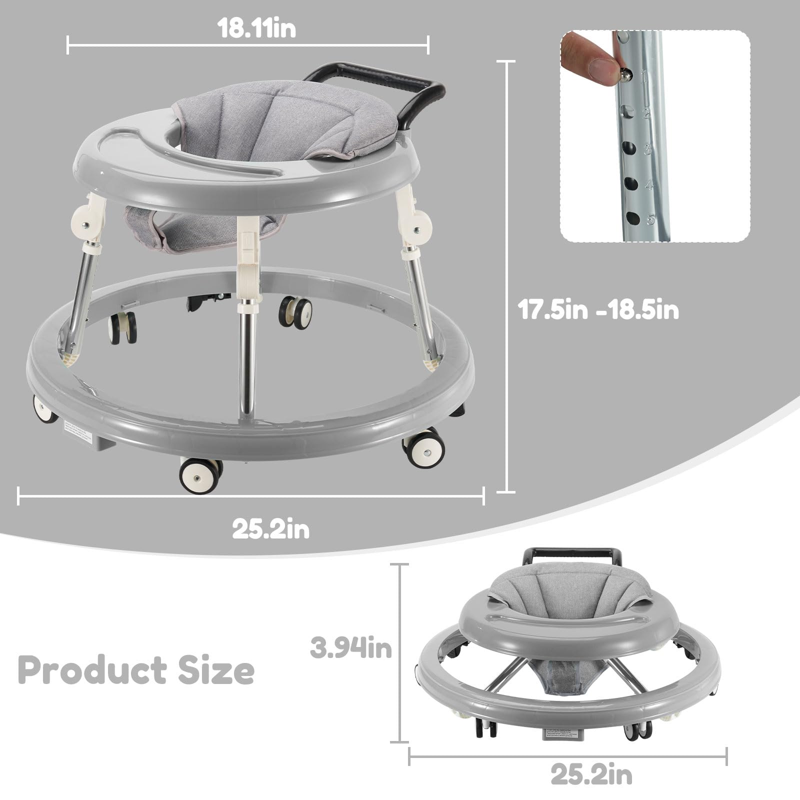 Fugualin grey baby walker with wheels, activity center, mute wheels, anti-rollover design, adjustable height, foldable for infants.