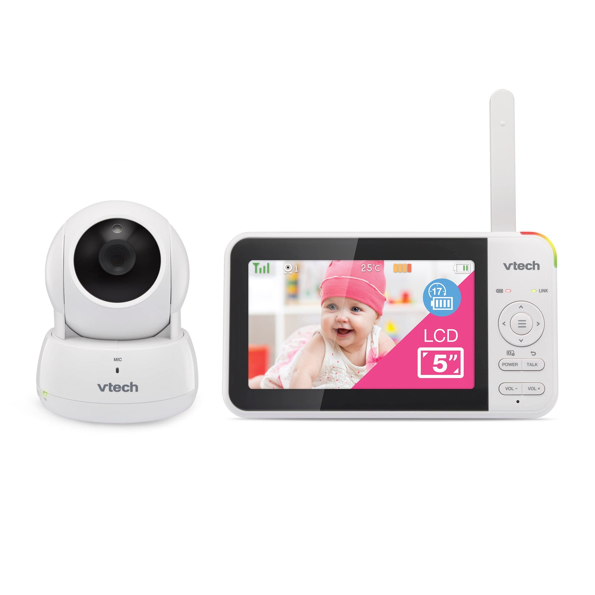 VTech VM924 video baby monitor showing 5" LCD screen, camera with pan and tilt, night vision, and baby soothing sounds.
