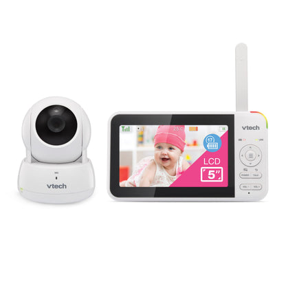 VTech VM924 video baby monitor showing 5" LCD screen, camera with pan and tilt, night vision, and baby soothing sounds.