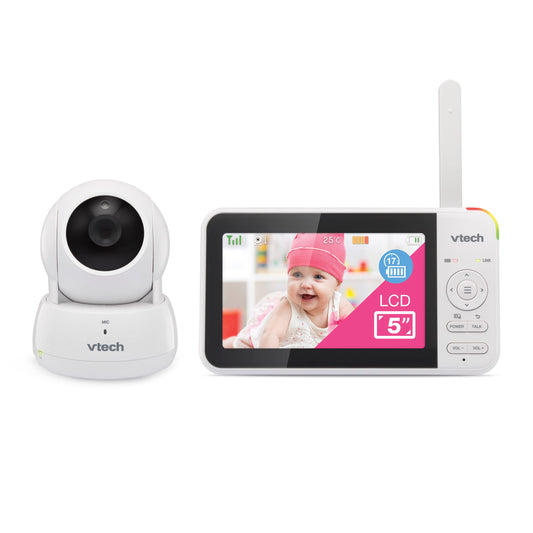 VTech VM924 video baby monitor showing 5" LCD screen, camera with pan and tilt, night vision, and baby soothing sounds.