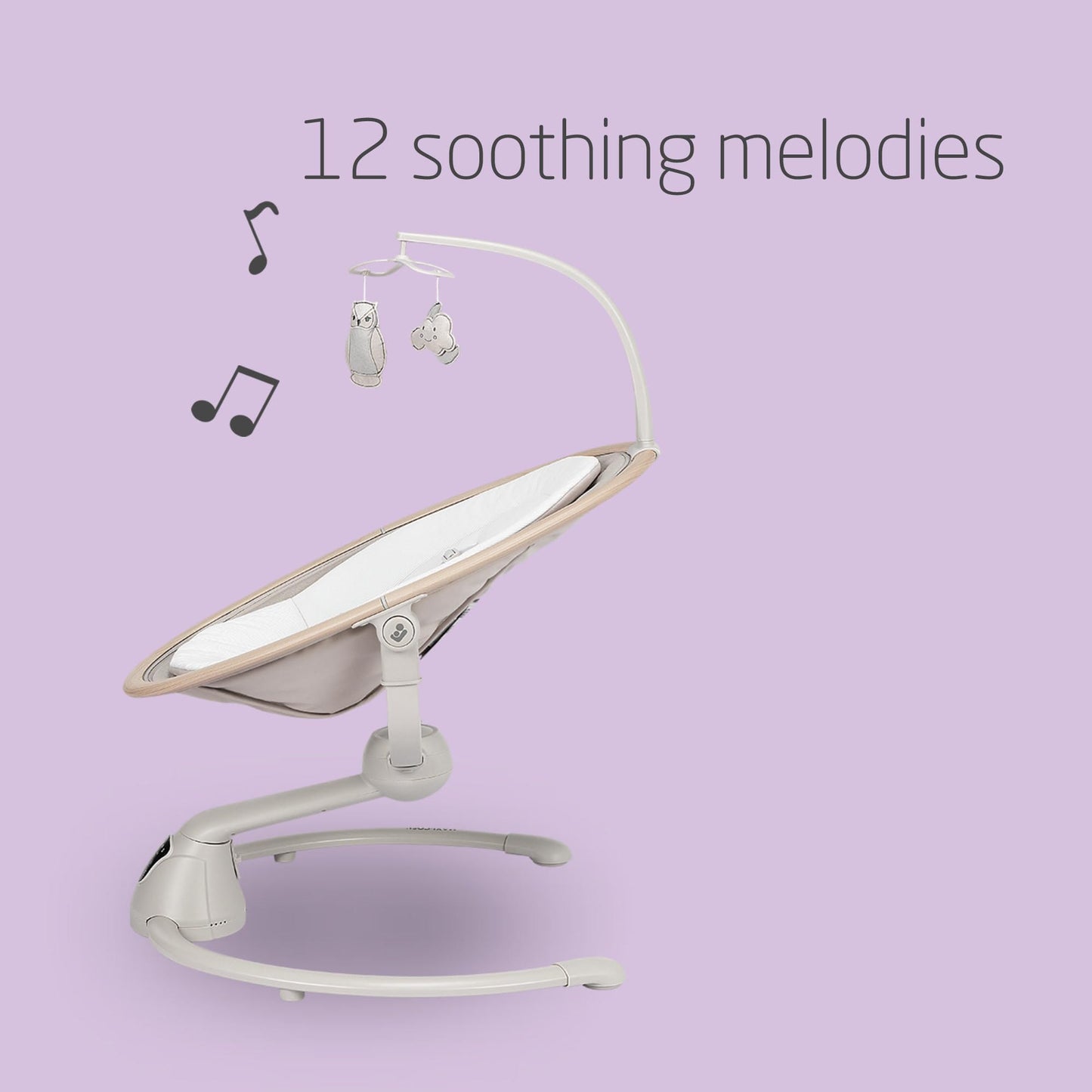 Maxi-Cosi Cassia electric baby swing chair in classic beige with 360° seat rotation, 12 melodies, and adjustable recline for infants.
