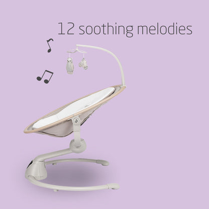 Maxi-Cosi Cassia electric baby swing chair in classic beige with 360° seat rotation, 12 melodies, and adjustable recline for infants.