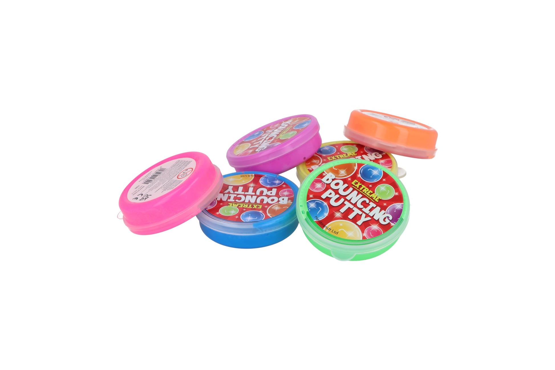 Henbrandt bouncing putty tub set with six assorted color mini slime bounce toys for kids, perfect as party favors or stocking fillers.
