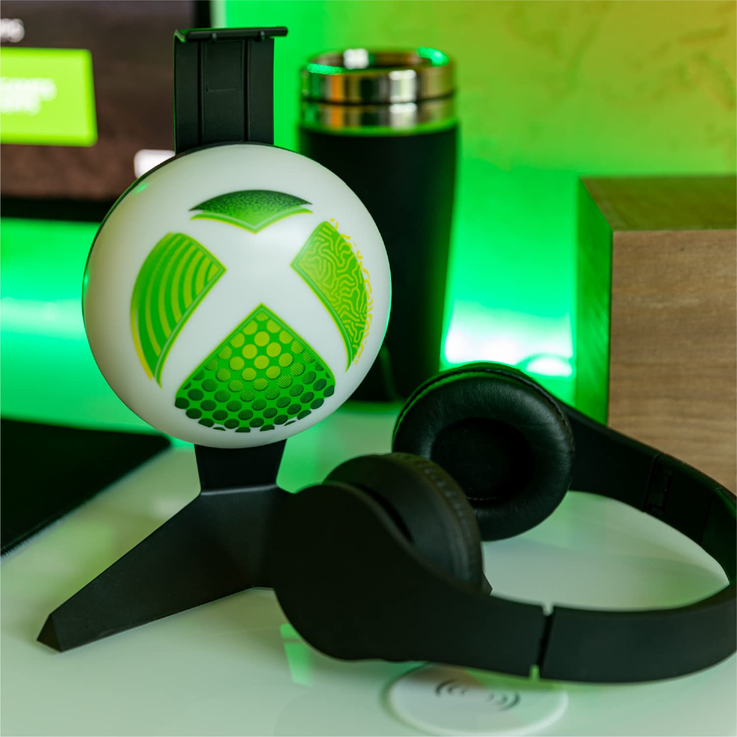 Paladone Xbox Light stand for headset, official merchandise, with green Xbox logo and sleek design for gaming setup.