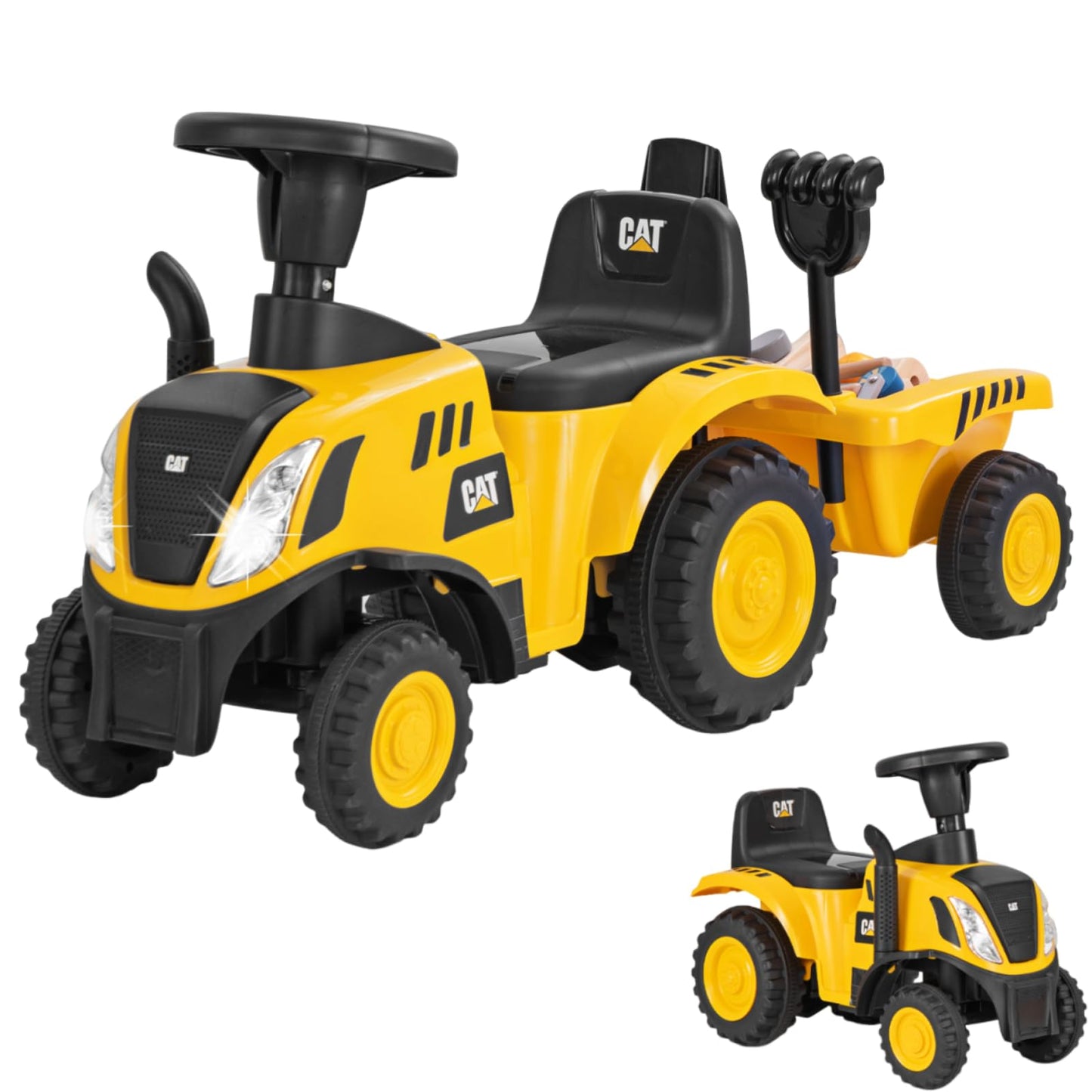 Maxmass Ride on Tractor and Trailer, Kids Sliding Toy Car with Detachable Trailer, LED Lights, Horn, Rake & Shovel, Foot to Floor Toddler Ride on Car for 12-36 Months Old (Yellow, 91 x 28 x 45cm)