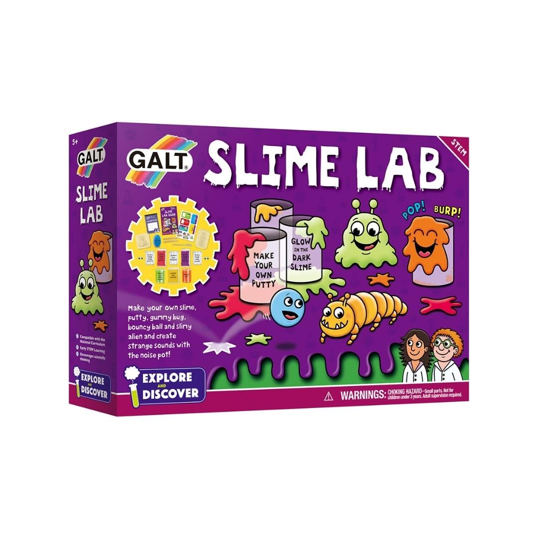Galt Slime Lab science kit for kids ages 5 and up, featuring colorful slime ingredients and tools for fun science experiments.