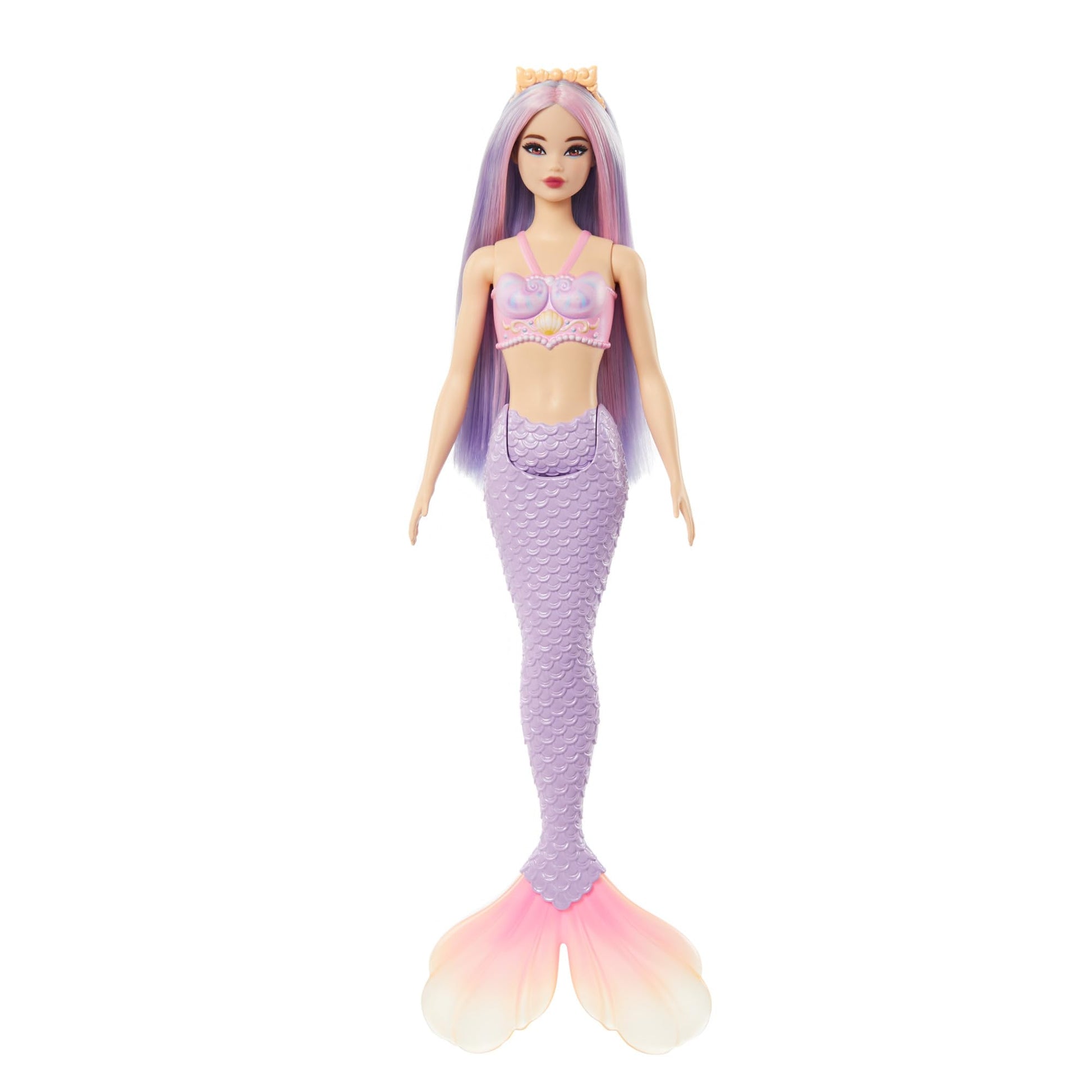 Barbie mermaid doll with pink and lilac hair, shell bodice, and lavender tail, wearing a colorful headband accessory.