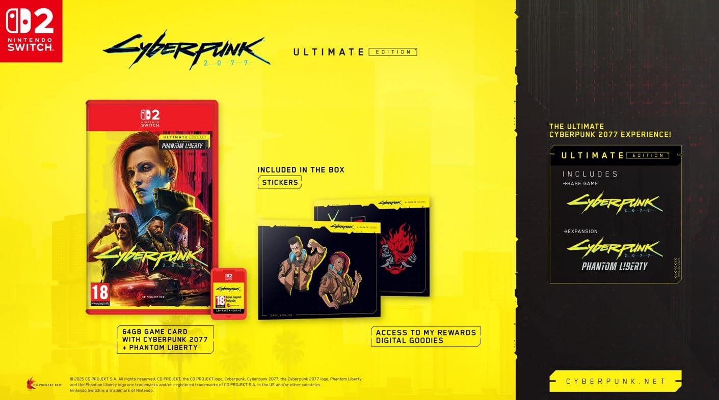 Cyberpunk 2077: Ultimate Edition Nintendo Switch game case with artwork and logo, published by Bandai Namco.