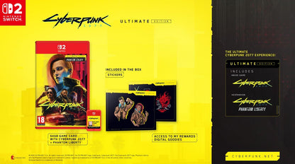 Cyberpunk 2077: Ultimate Edition Nintendo Switch game case with artwork and logo, published by Bandai Namco.