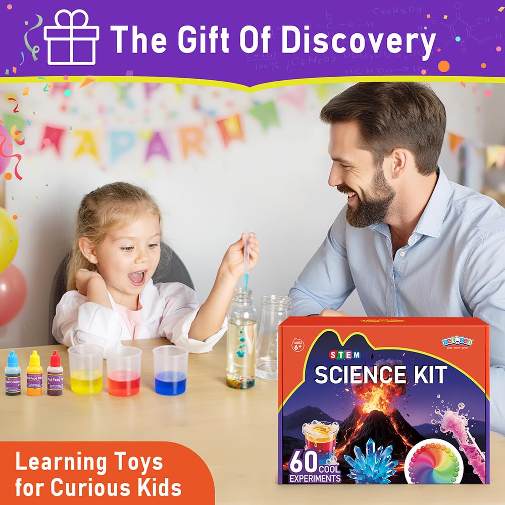 BenBen 60+ science experiments kit for kids showing colorful science components and educational STEM toys suitable for ages 6 to 10.