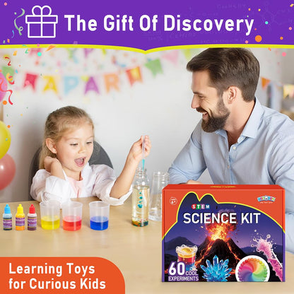 BenBen 60+ science experiments kit for kids showing colorful science components and educational STEM toys suitable for ages 6 to 10.