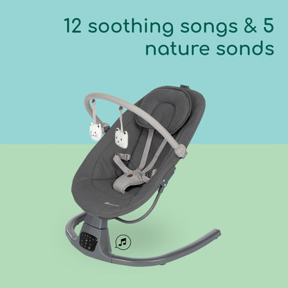 Bebeconfort Jolana, Electric Baby Swing, 0-6 Months (9 kg), Automatic Motion Detection, 12 Sooting Songs, 5 Nature Sounds, Adjustable Backrest, 2 Recline Positions, Tinted Graphite