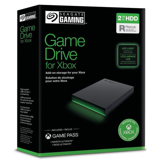 Seagate Game Drive for Xbox 2TB, External Hard Drive Portable, USB 3.2 Gen 1, Black with built-in green LED bar, Xbox Certified, Data Rescue Services (STKX2000403)