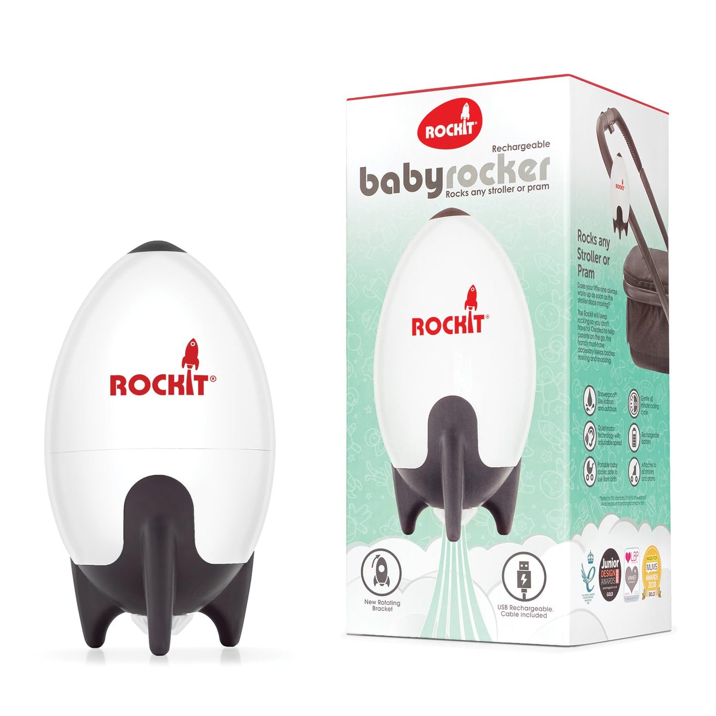 ROCKIT Rocker rechargeable baby sleep aid attached to stroller, adjustable speed, 60-minute timer, universal fit for prams and buggies.