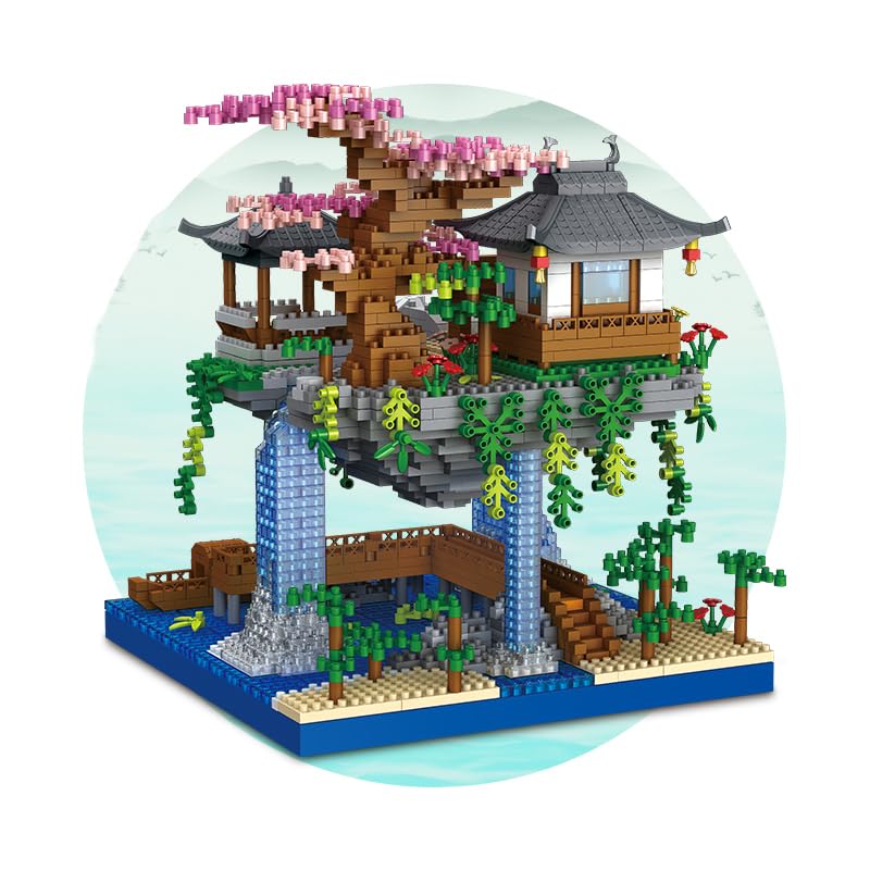 CAXIMSY Cherry Blossom Bonsai Treehouse building block set with intricate details, featuring 3300 pieces for creative play.