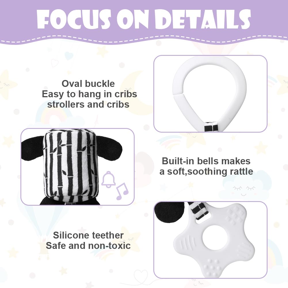 Aolso baby pram pushchair toys set with black and white hanging panda, lion, and fox teether toys for newborns and sensory play.