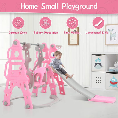 FUKEA Baby Swing Slide, 4-in-1 Toddler Slide and Swing Set with Basketball Hoop, Garden Climbing Frame, Outdoor Indoor Large Slide Swing for Toddlers Age 1-3, Kids Gift (Pink)