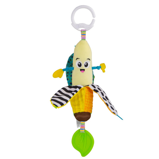 LAMAZE Bea the Banana sensory clip-on toy with colorful sounds for newborns and babies up to 24 months.
