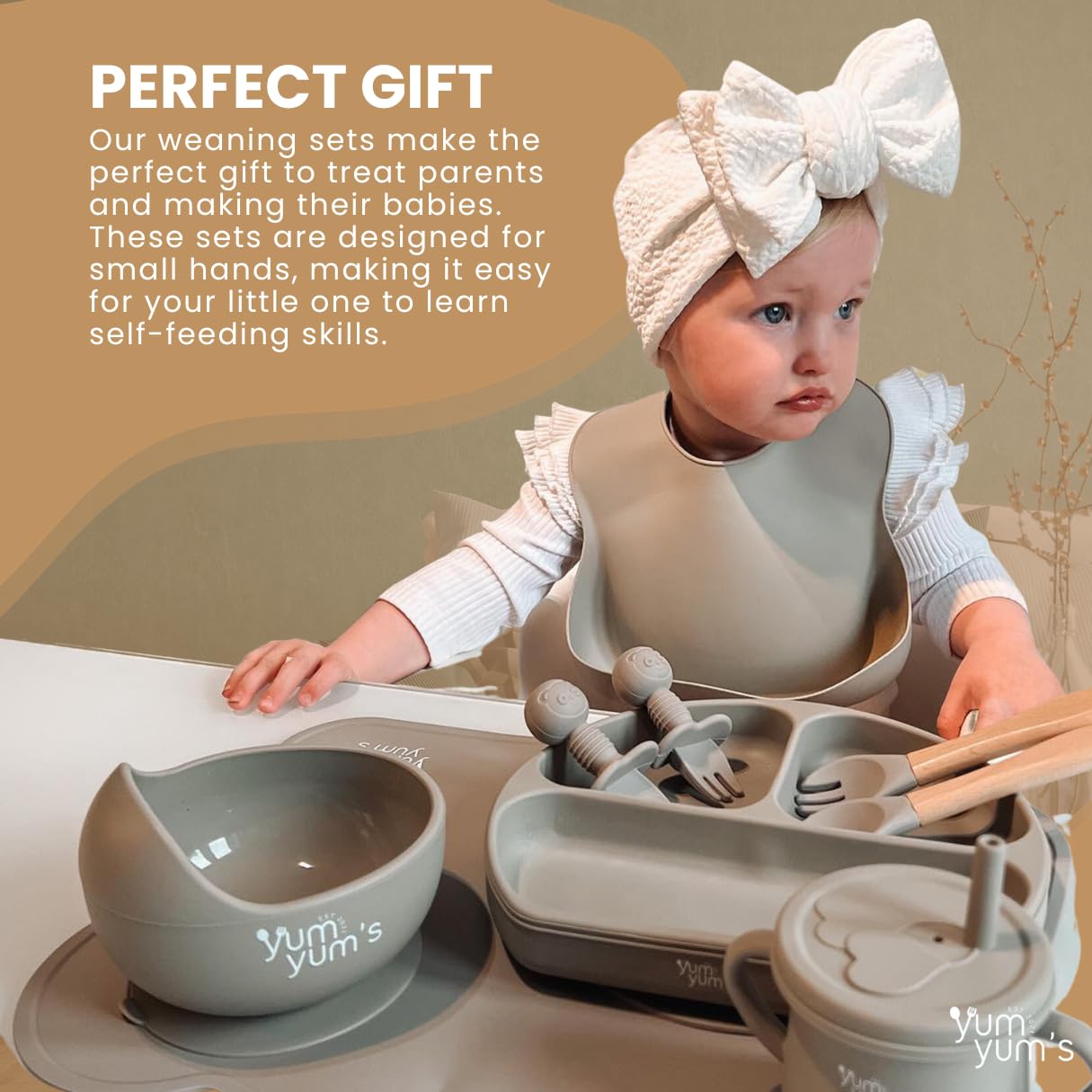 Yum Yum's Baby 10 Pcs Grey Weaning Set - Complete Toddler Feeding Kit w/Sectioned Plate, Suction Bowls, Cutlery with Mouth Guard, Straw Cup, Bib & Mat - Non-Slip - for Toddlers & Baby Gift
