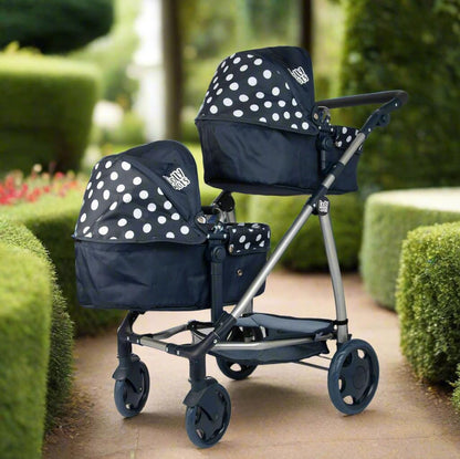 Dolly Tots Twin Pushchair | Navy Polka Dot Double Pushchair | Double Dolls Pram with Adjustable Height Handle And Multiple Seat Options | Foldable Childrens Dolls Pram | Suitable For Ages 3+