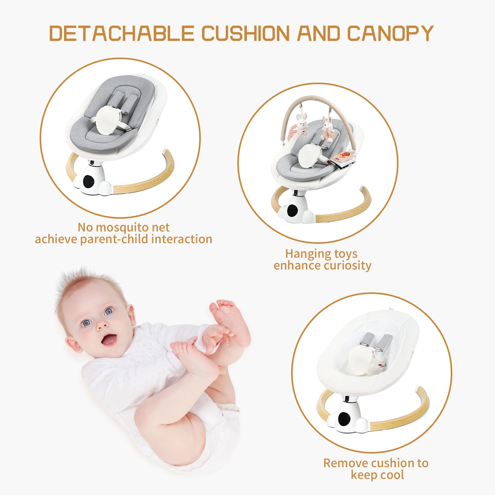 Uuoeebb portable electric baby bouncer with wooden frame, Bluetooth, 5 swing speeds, 10 lullabies, 5-point harness, remote control
