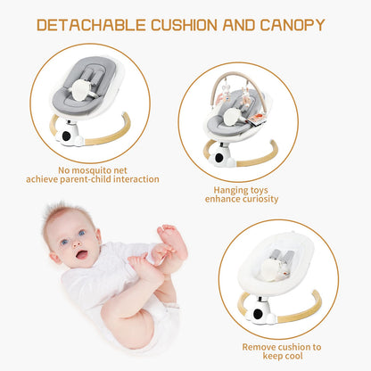 Uuoeebb portable electric baby bouncer with wooden frame, Bluetooth, 5 swing speeds, 10 lullabies, 5-point harness, remote control