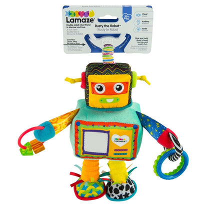 LAMAZE Rusty the Robot baby sensory clip toy attached to a pushchair for newborns 0-6 months, colorful and soft for infants.
