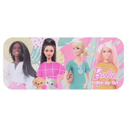 Barbie Make-Up Collection keepsake tin with children's makeup set for girls, featuring colorful makeup products in a decorative tin.