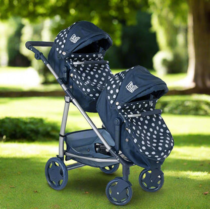 Dolly Tots Twin Pushchair | Navy Polka Dot Double Pushchair | Double Dolls Pram with Adjustable Height Handle And Multiple Seat Options | Foldable Childrens Dolls Pram | Suitable For Ages 3+