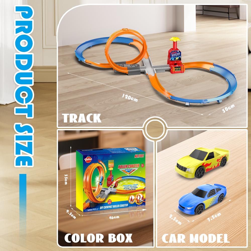 VATOS Slot Car Racing Track Set for 5-7 Years Boys - Manual Acceleration Kids Slot Machine Racing Track with 360 Degree Track,Diy Catapult Roller Coaster 3 4 5 6 7 8 9 10 Boys Girls