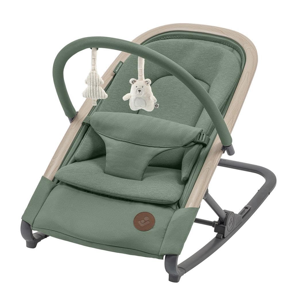 Maxi-COSI Kori 2-in-1 ergonomic baby bouncer chair with toy arch, 3 recline positions, lightweight design, and newborn pillow.