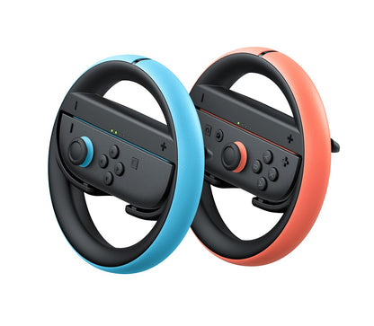 Pair of Nintendo Joy-Con wheels for handheld gaming, designed to enhance Nintendo Switch gameplay with colorful, ergonomic grip accessories.