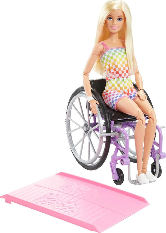 Barbie Fashionistas doll in rainbow romper with wheelchair and ramp, showcasing inclusive play for kids.