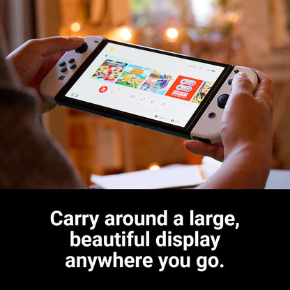Nintendo Switch OLED model in neon blue and neon red Joy-Con controllers attached, showing the handheld console and screen.