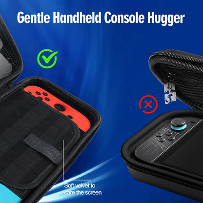 Abnaok Nintendo Switch 2 protective travel case with screen padding, game card slots, microSD slots, and zipped open pockets.
