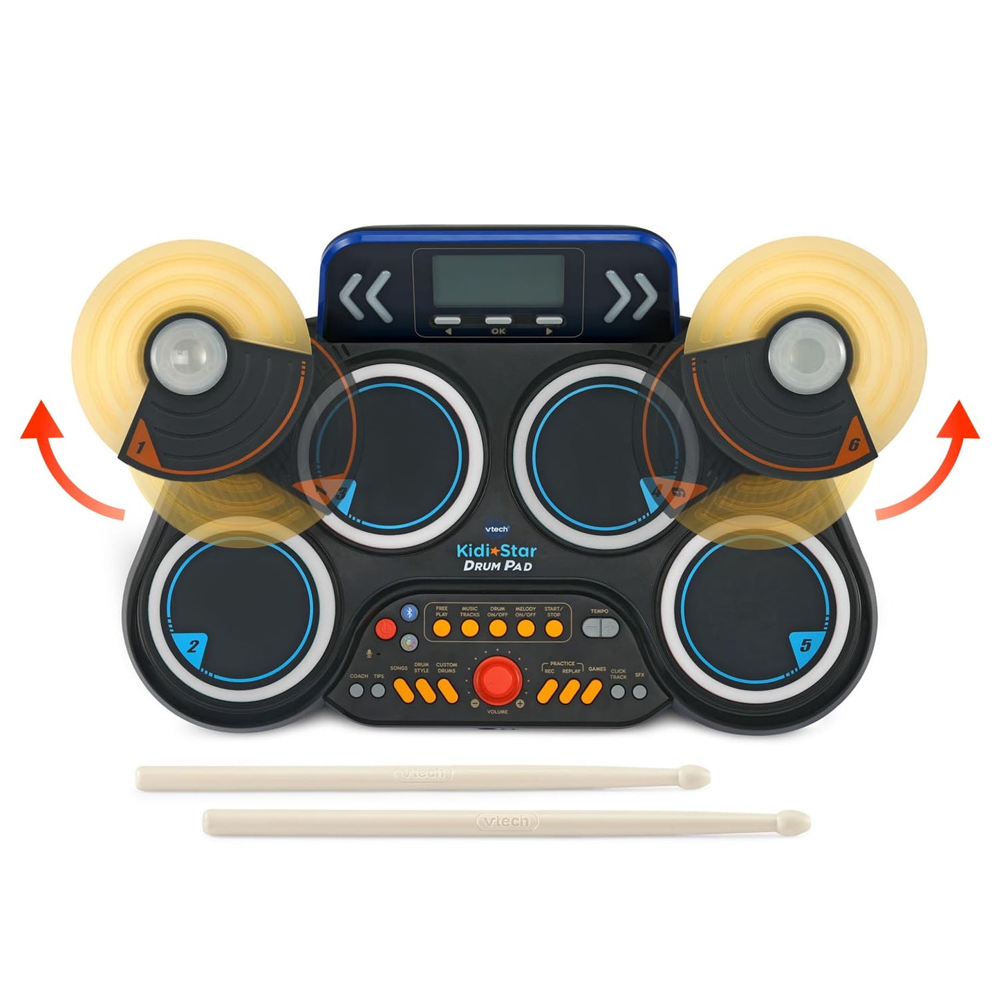 Black VTech Kidi Star Drum Pad with colorful buttons and drumsticks, designed for kids to create and play music.