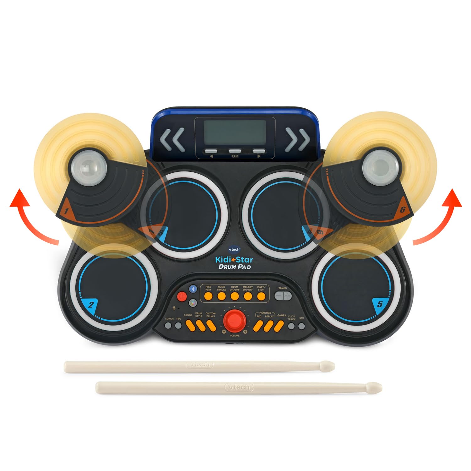 Black VTech Kidi Star Drum Pad with colorful buttons and drumsticks, designed for kids to create and play music.