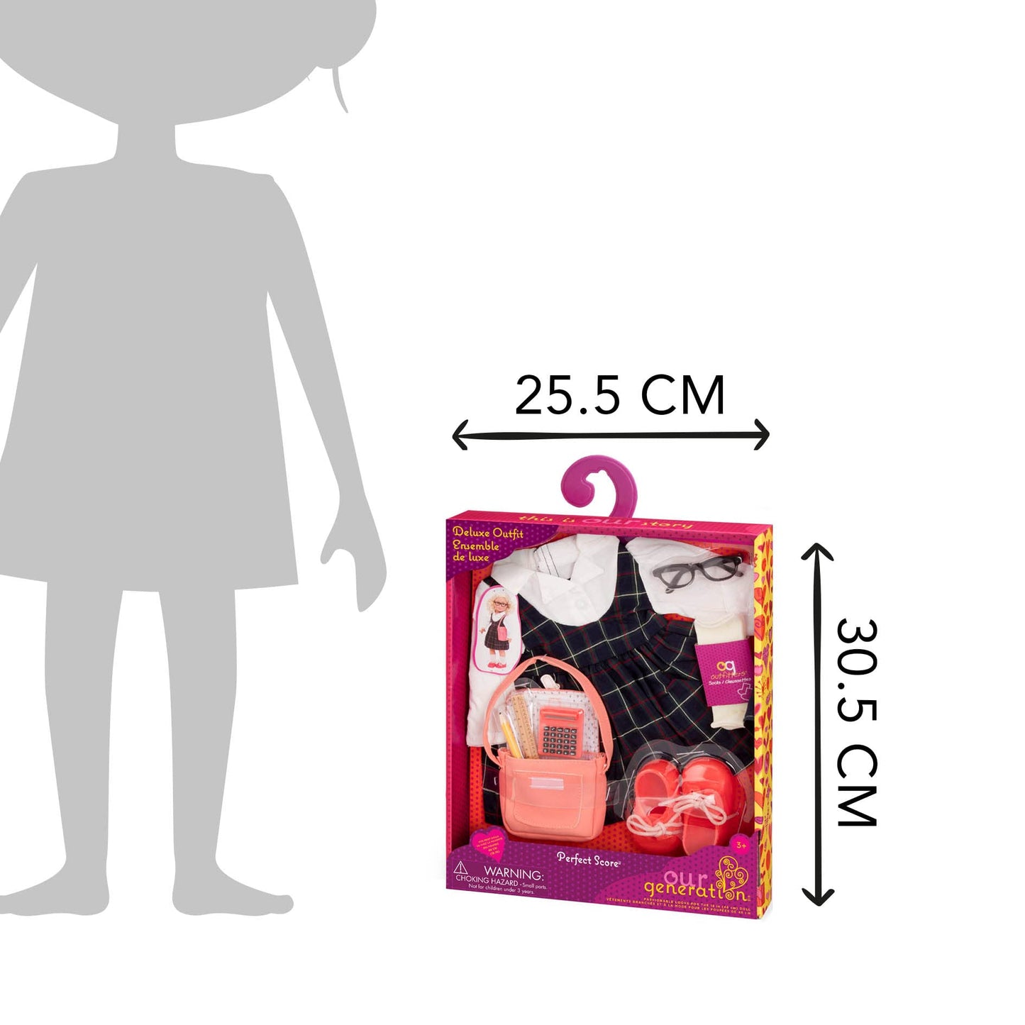 Our Generation 18-inch doll school uniform outfit with clothing and classroom supplies, featuring stylish accessories.