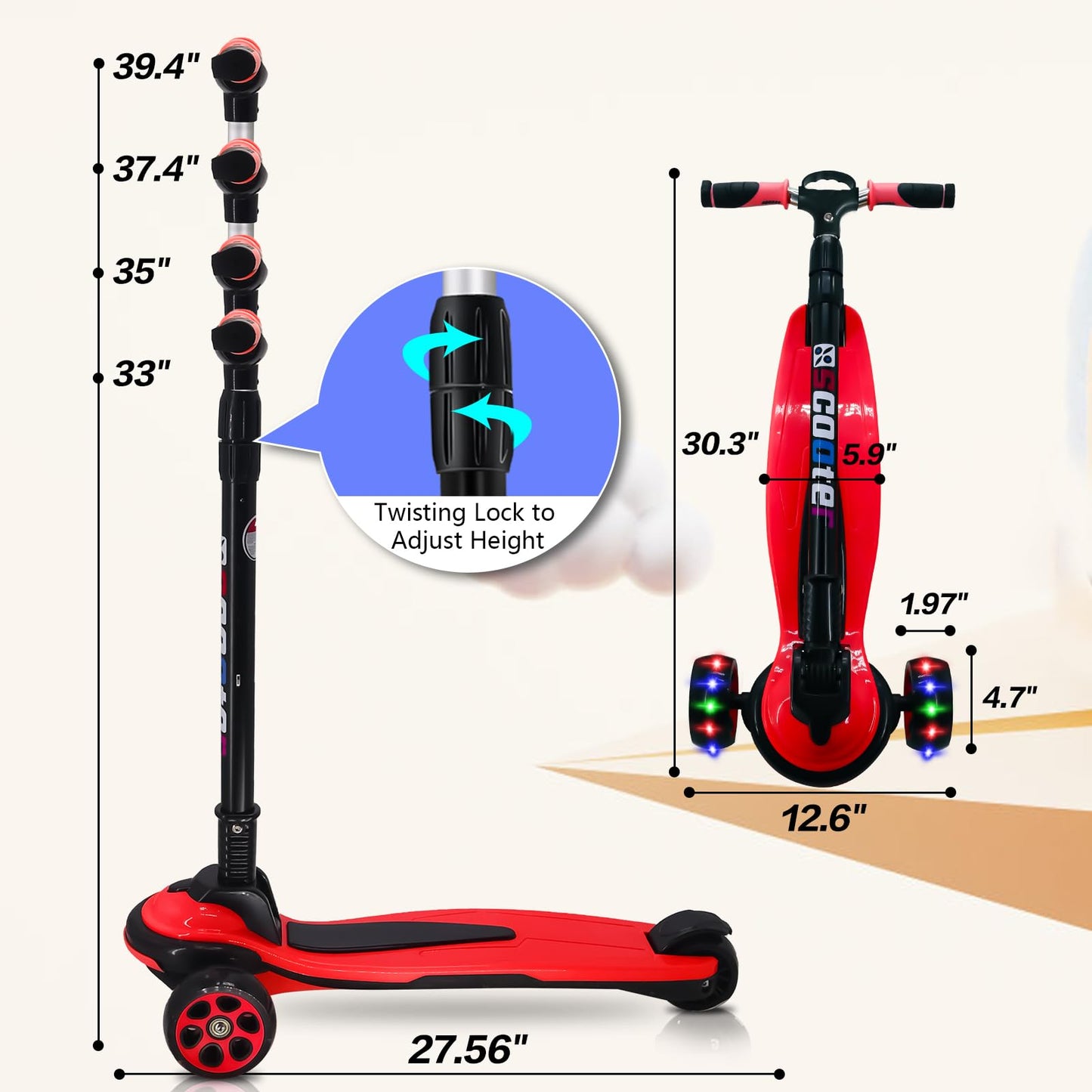 SIMEIQI 3-wheel kick scooter for kids, featuring adjustable height and flashing LED wheels in a vibrant design.