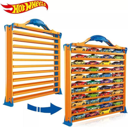 Hot Wheels Rack N' Track organizer with 44 compartments, multi-coloured toy display case for cars and toys.