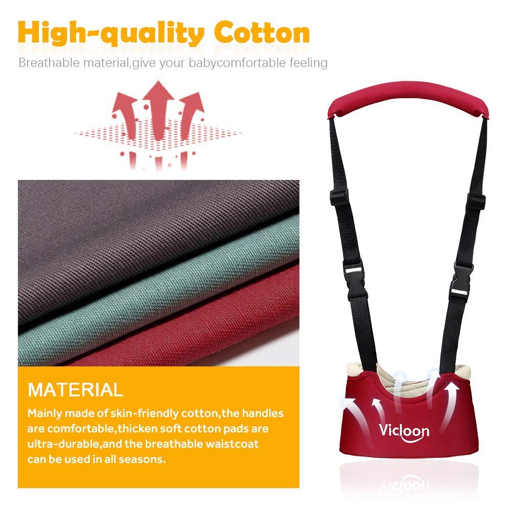 Viclown hand-held baby walker and toddler walking assistant with safety belt and child harness for learning to walk.