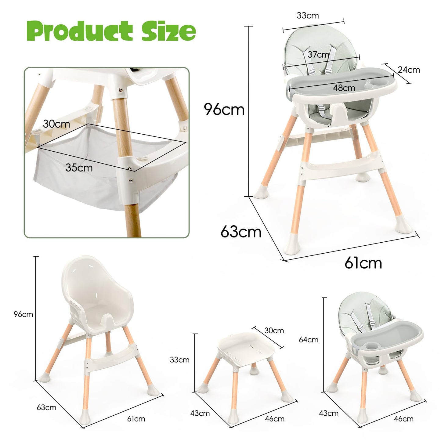 Green Sweetmirth 4-in-1 convertible baby high chair with adjustable height, removable tray, ergonomic design for toddlers 6 months to 5 years.