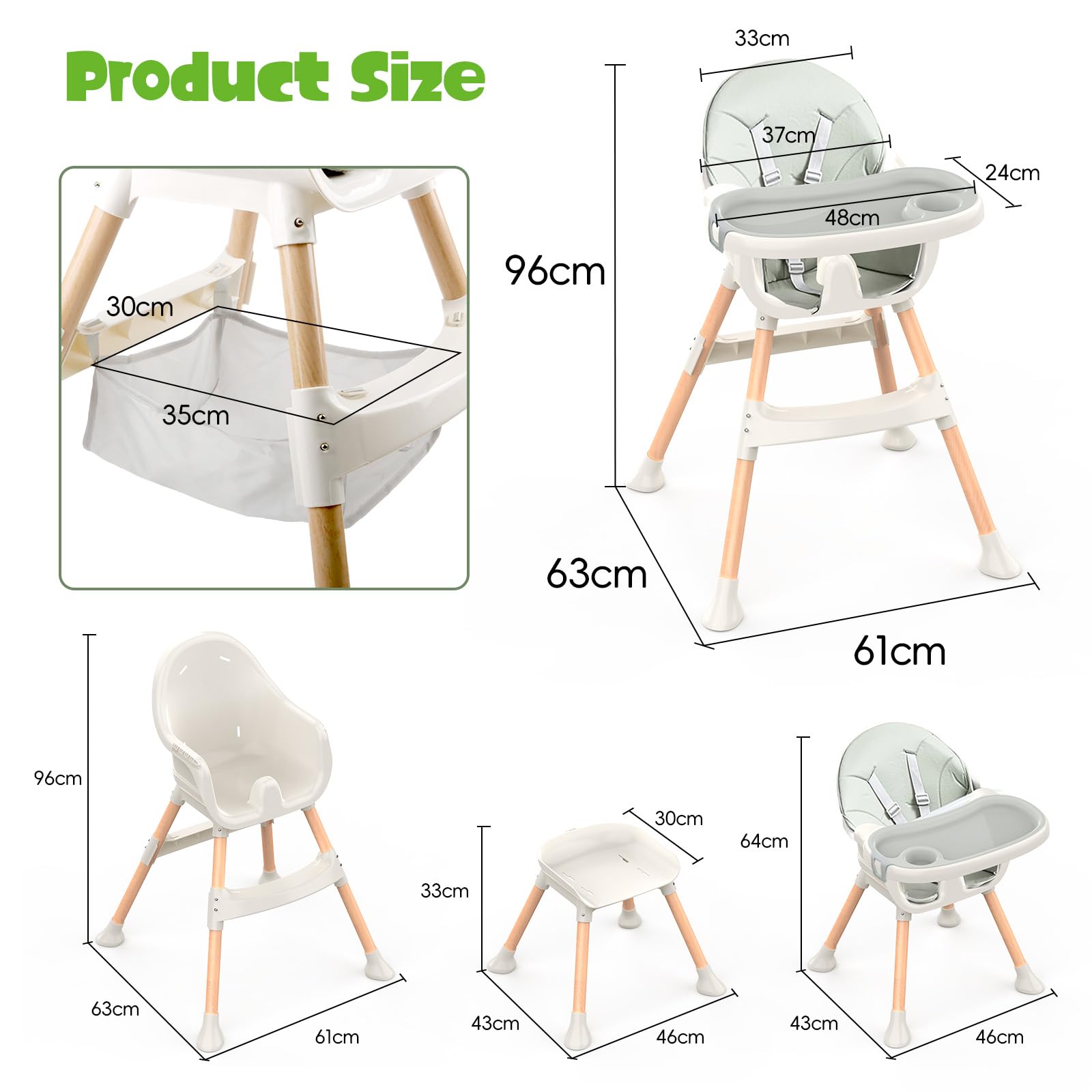 Green Sweetmirth 4-in-1 convertible baby high chair with adjustable height, removable tray, ergonomic design for toddlers 6 months to 5 years.