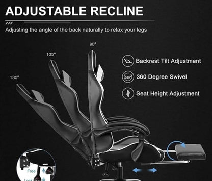Gaming Chair Ergonomic Computer Chair Office Chair Desk Swivel Chair Adjustable Reclining Footrest Cushion White New!