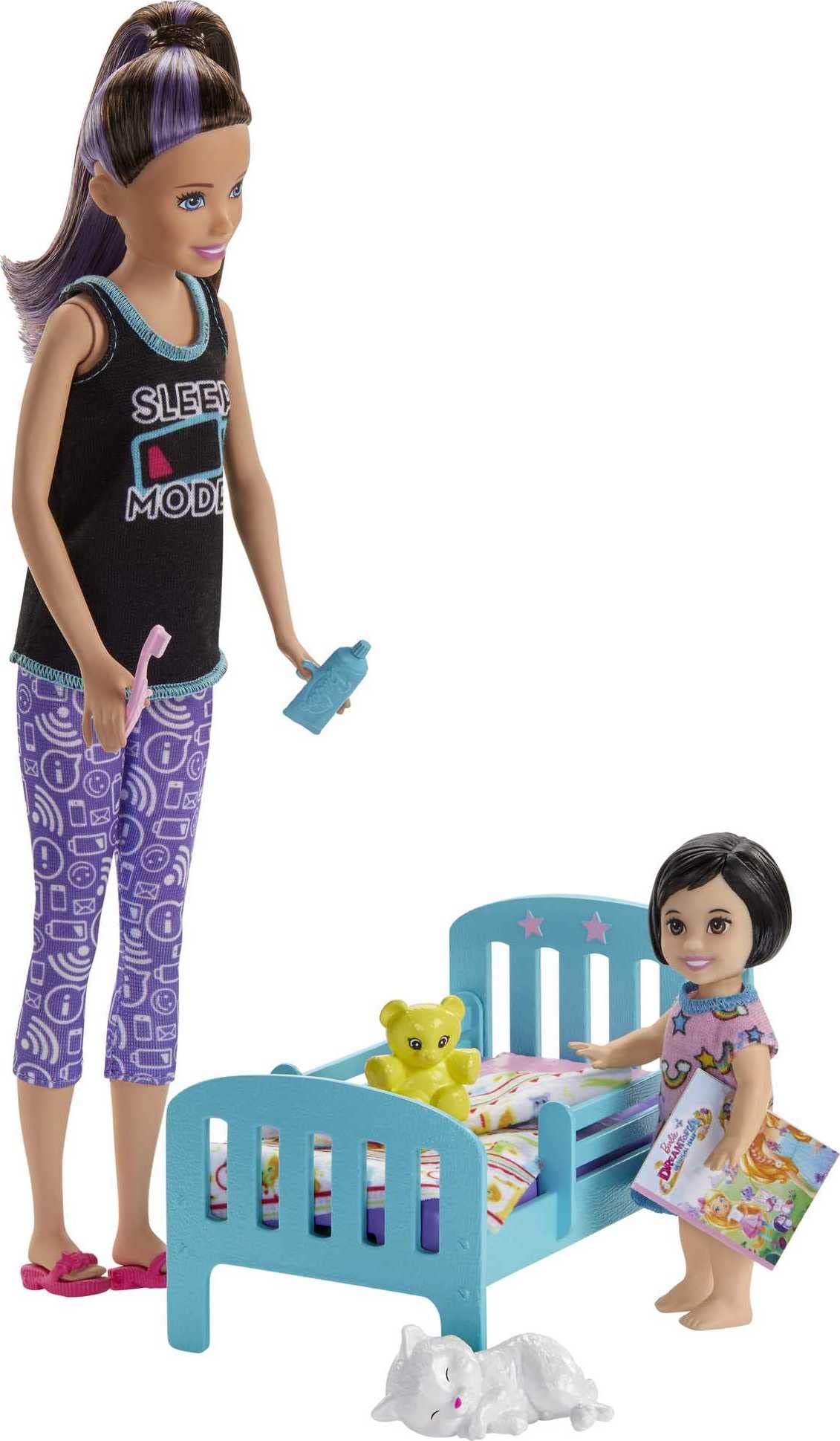 Barbie Skipper Babysitters Inc. playset with toddler doll, glow-in-the-dark pajamas, bed, kitty, teddy bear, and storybook.