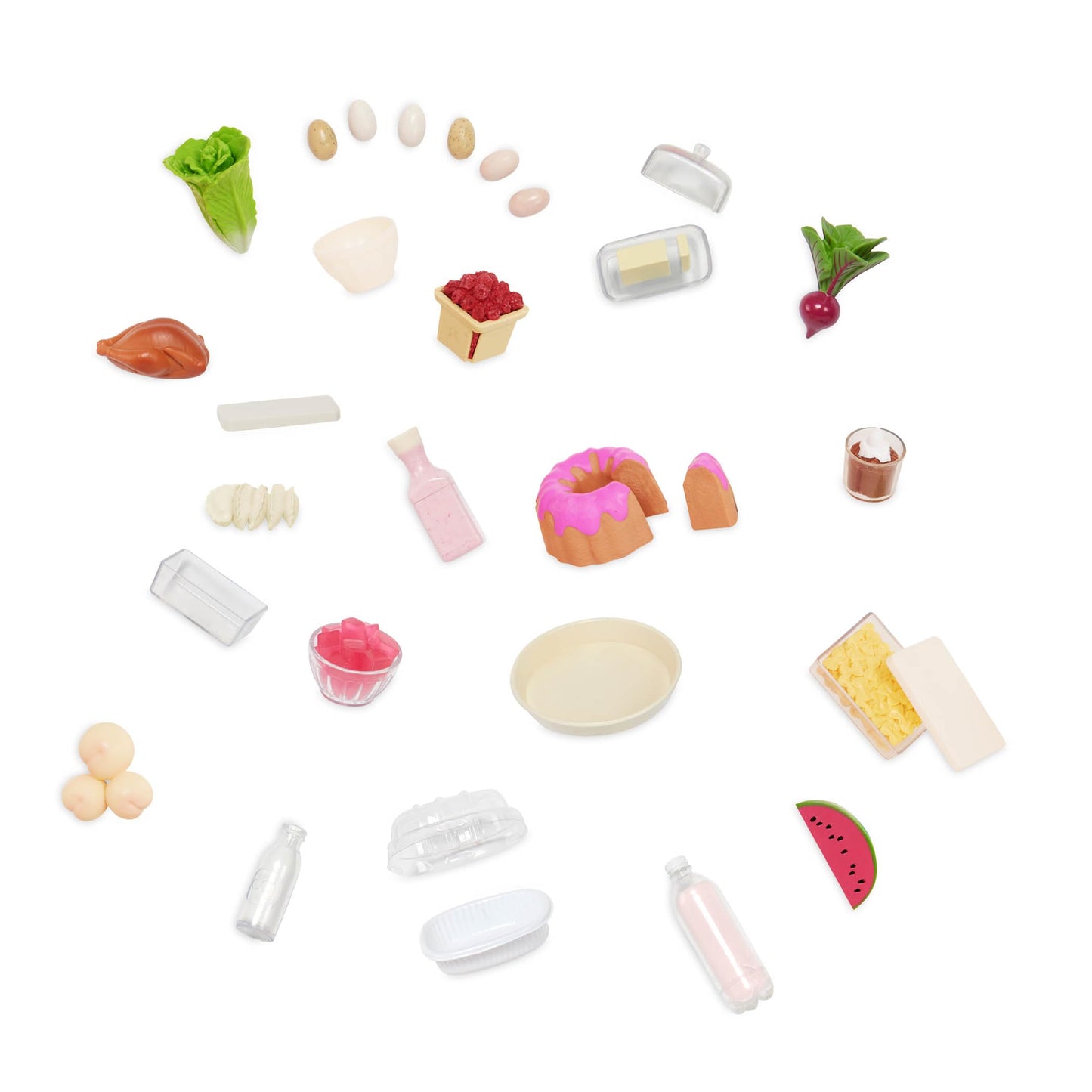 Our Generation pink mini fridge with play food set for dolls, showcasing realistic food accessories and 46cm size.