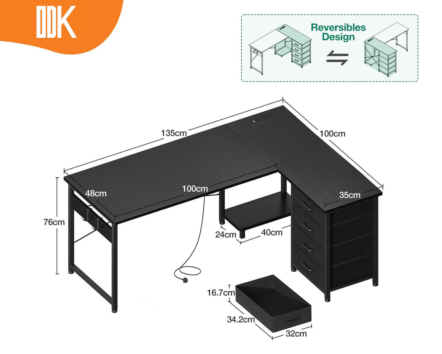 ODK Corner Desk with Drawers, Reversible L Shaped Computer Desk with Power Outlet, Office Desks with USB Charging Port and Host Stand for Home Office Black, 135×100cm