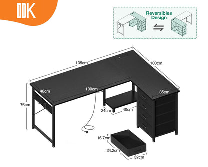 ODK Corner Desk with Drawers, Reversible L Shaped Computer Desk with Power Outlet, Office Desks with USB Charging Port and Host Stand for Home Office Black, 135×100cm
