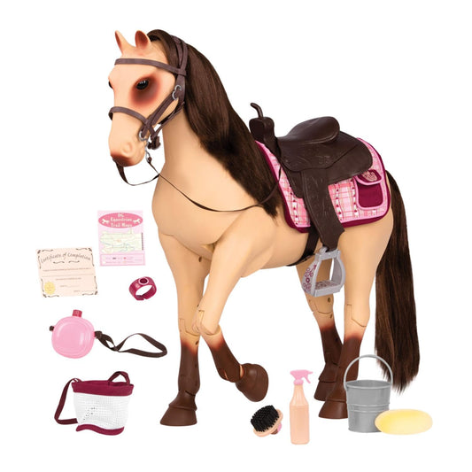 20-inch Our Generation posable Morgan horse in brown with articulated legs and a 12-piece accessory set.